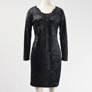 Vintage 90s Black Crushed Velvet Stretchy Body Con Beaded Lace Mini Dress S M